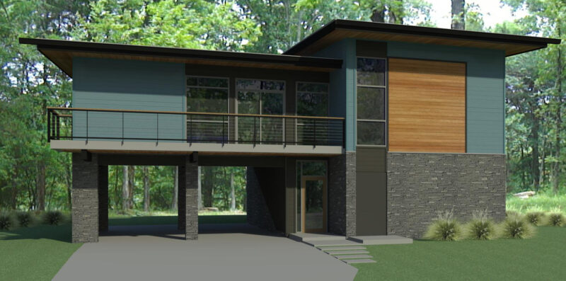 BiLD Architects | Little Red River Residence | A rendering showing the house from a driveway approach.